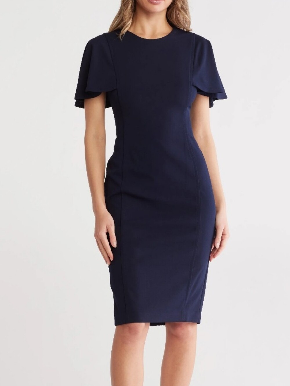 Calvin Klein NWT Size 8 Navy Blue Flutter Sleeve Sheath Midi Dress Career